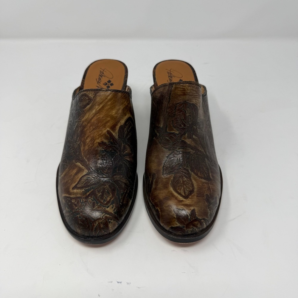 Patricia Nash Floral Tooled Leather Mules Brown Block Heel Women 7.5
